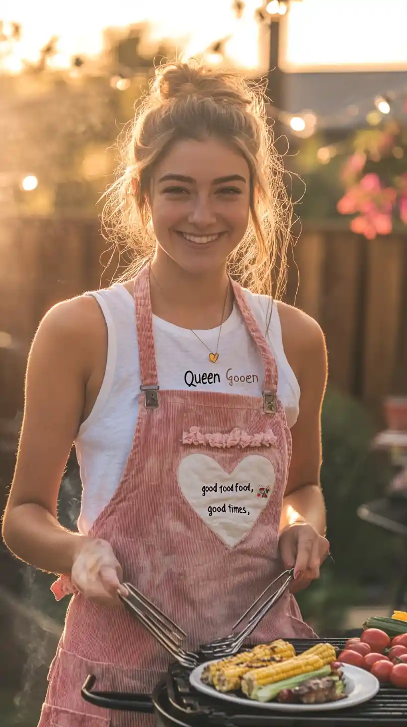 Young woman grilling in a sunlit backyard at golden hour