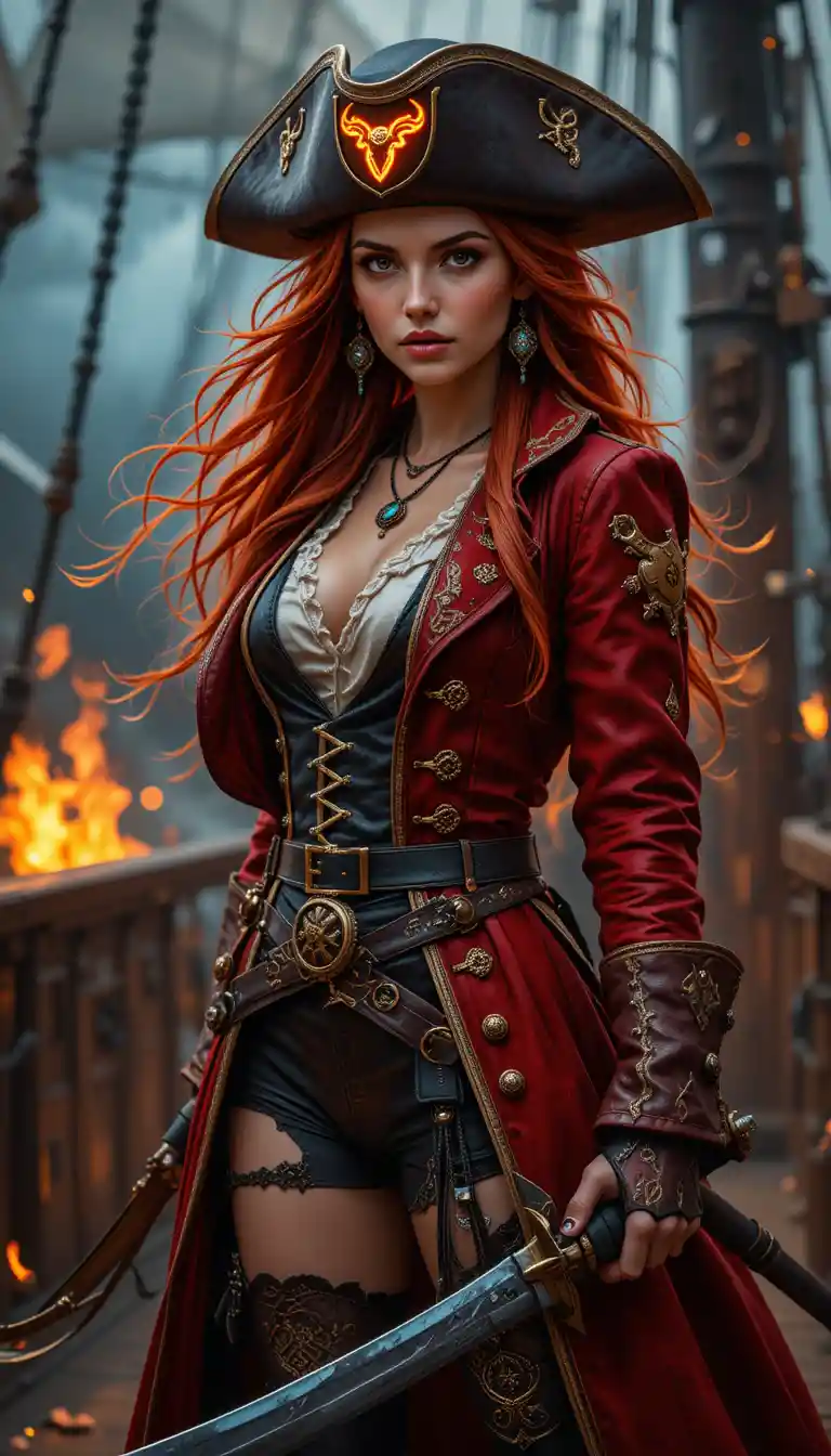Red-haired pirate wielding a cutlass amid flames on a ship deck