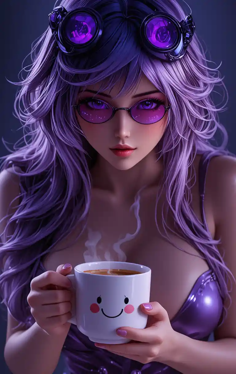 A woman in futuristic glasses bends over a steaming smiley-face coffee mug