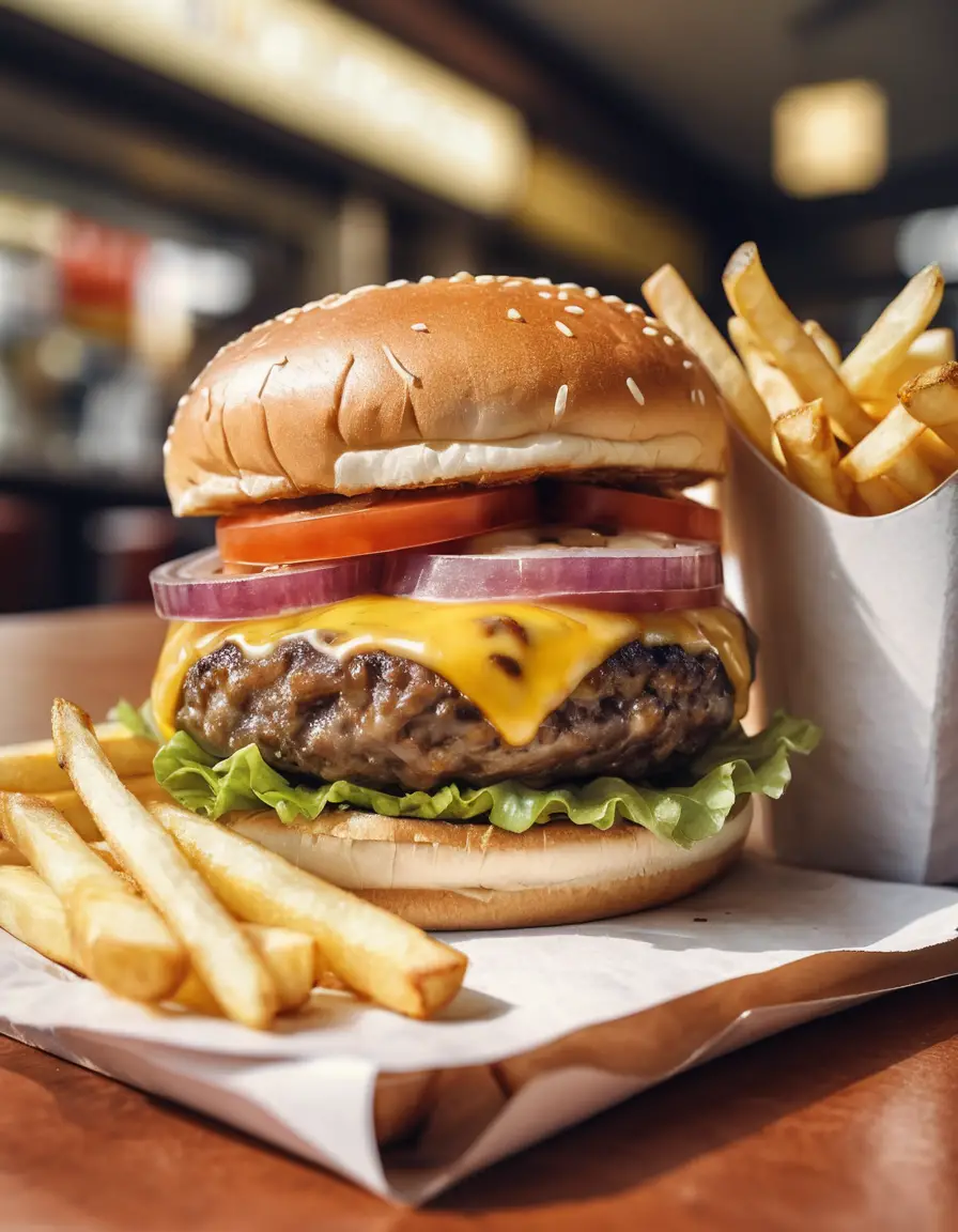 A close-up cheeseburger with fries on a fast food outlet table