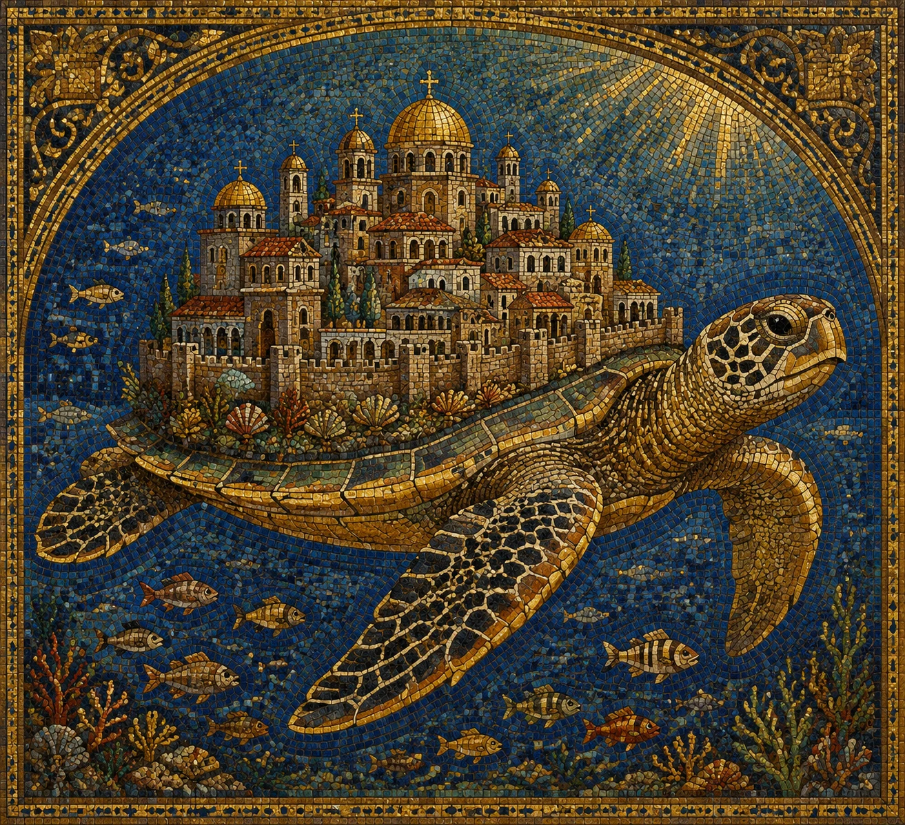 A sea turtle carries a coral city atop its Byzantine mosaic shell