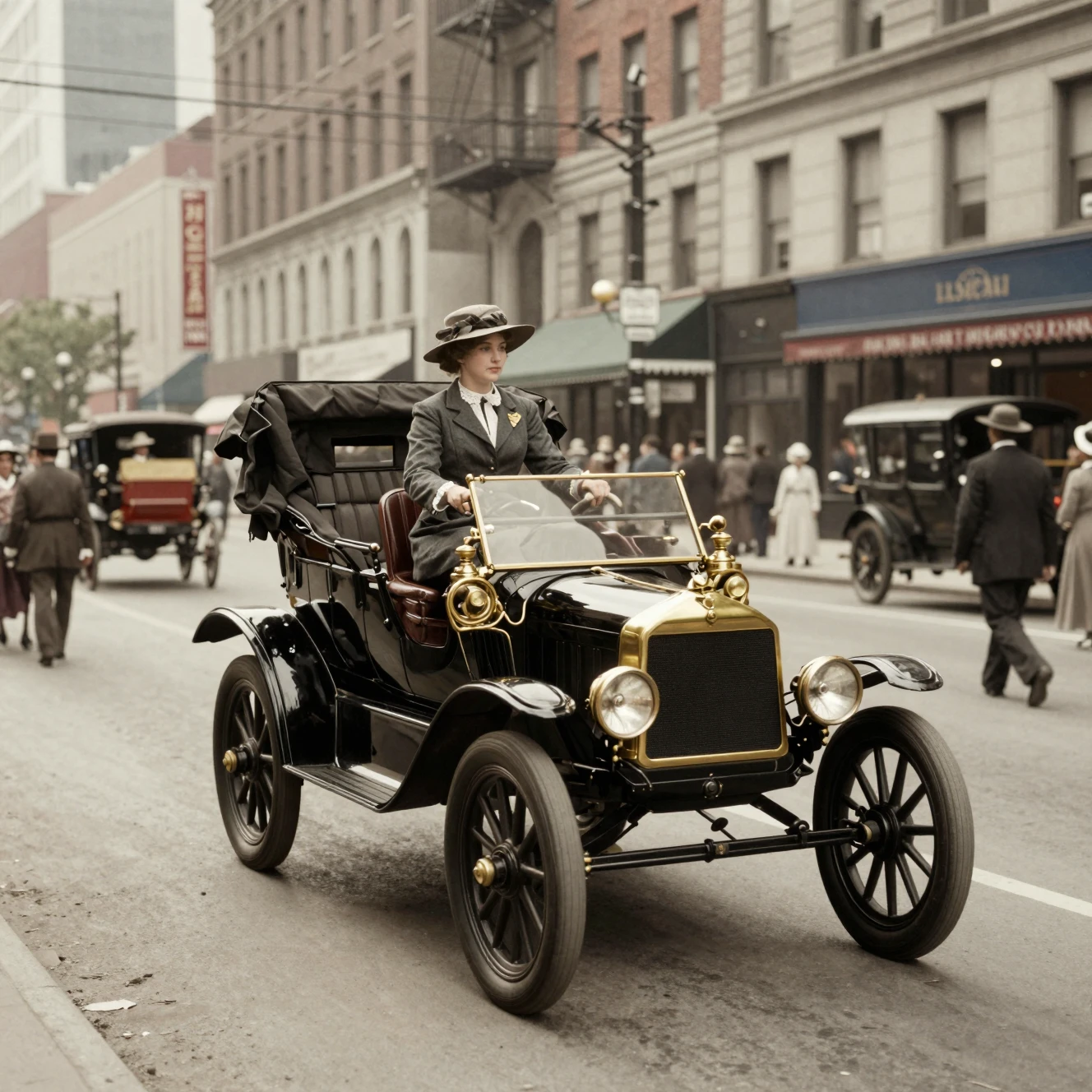 A Ford Model T drives through early twentieth-century New York