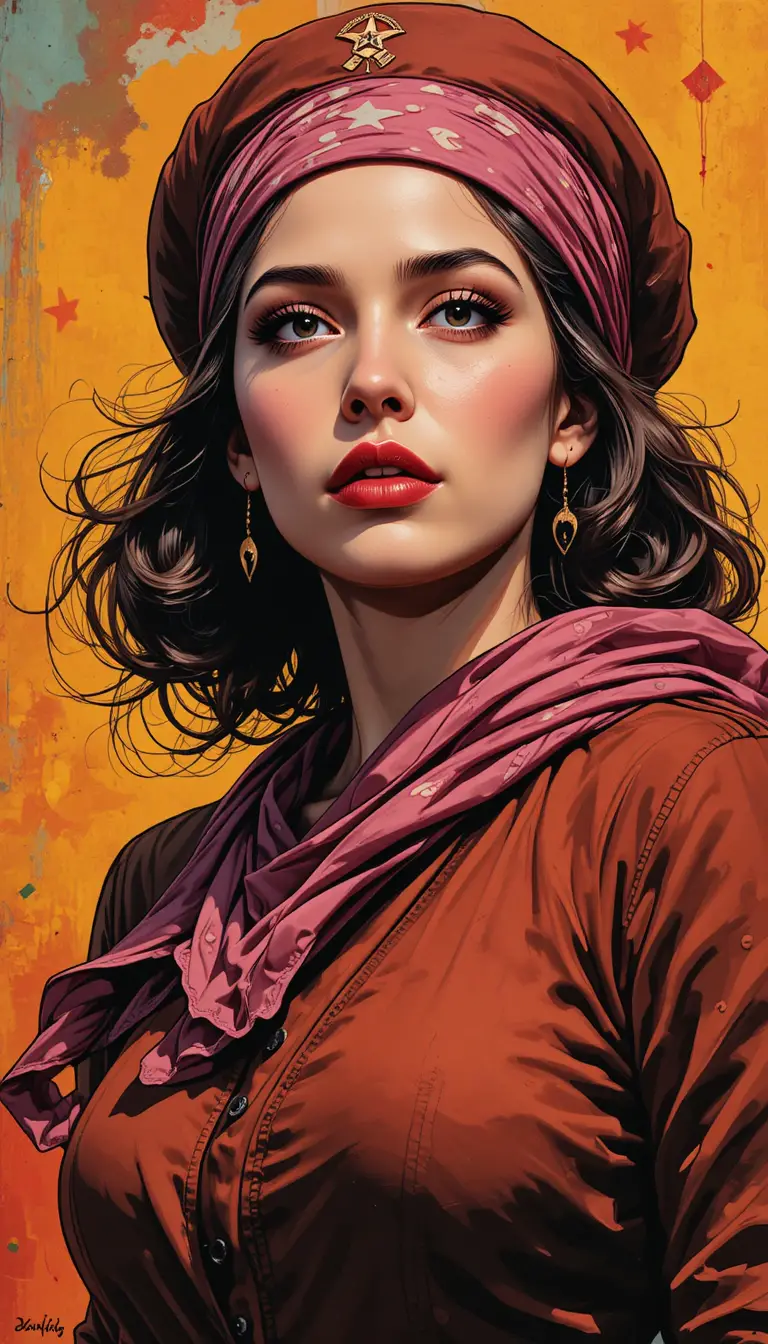 A woman in a pink bandana and hat in socialist realist style