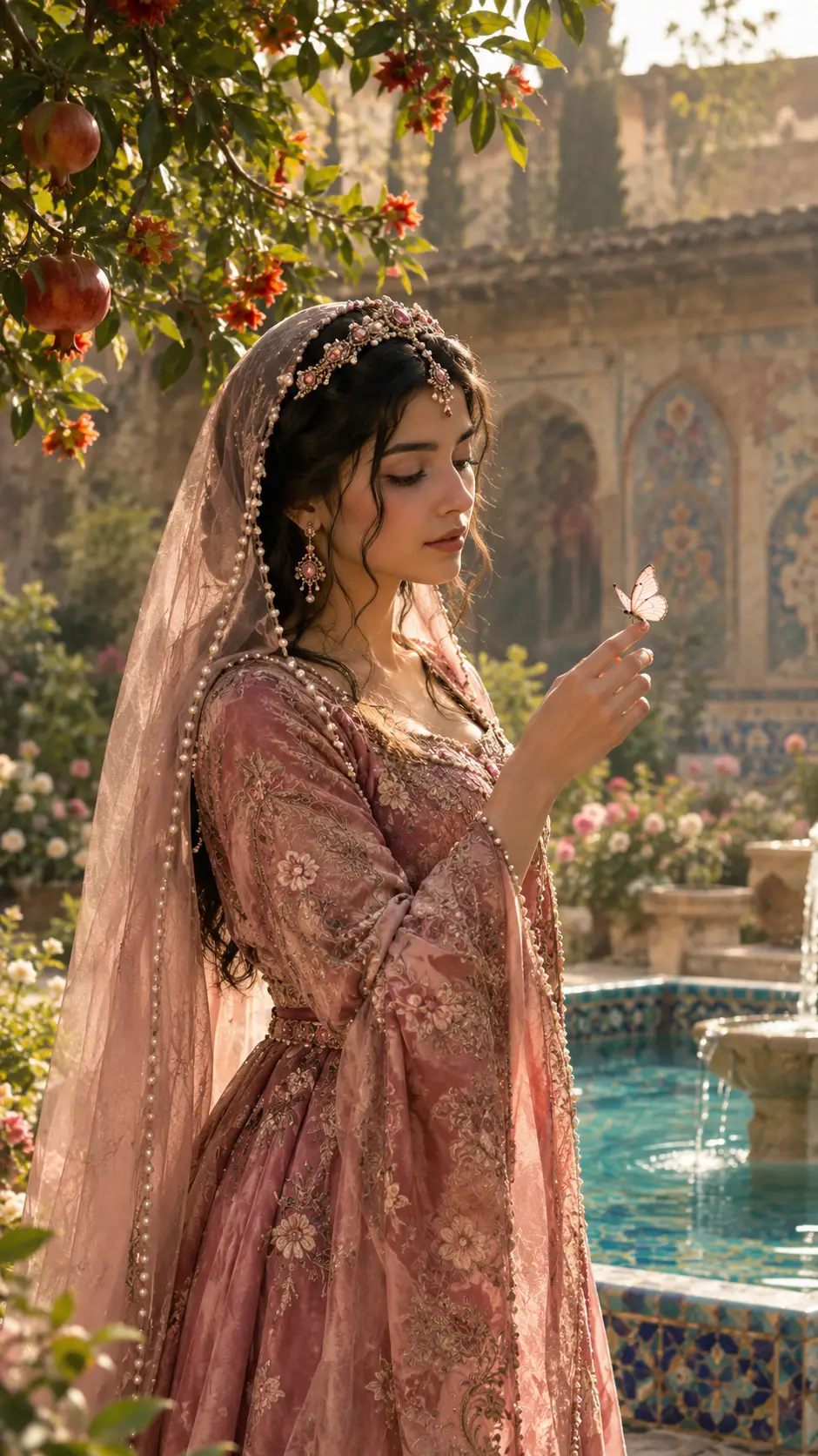 A young woman watches a butterfly in a historic Persian garden