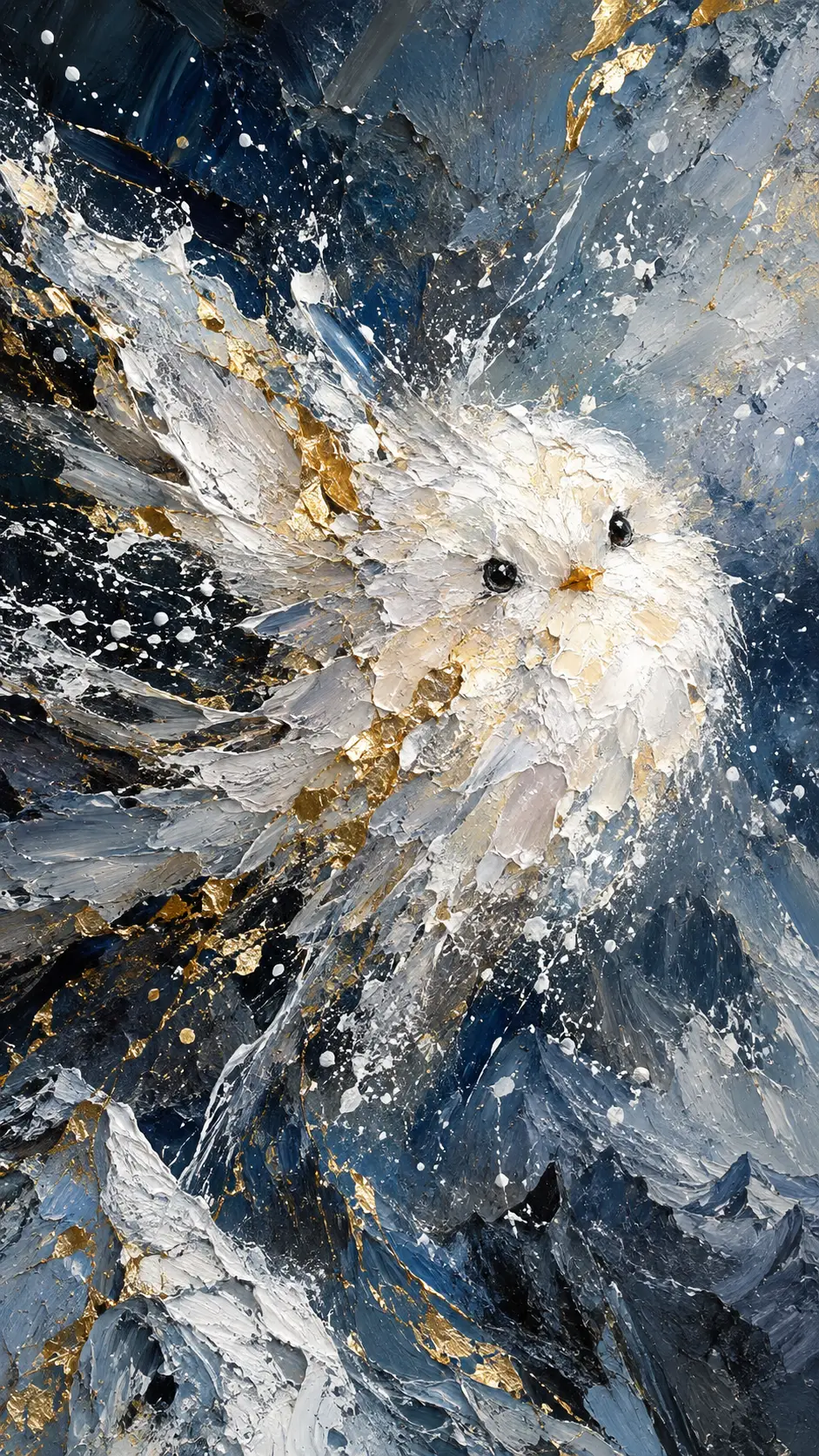 A snow fairy bird glows amid swirling strokes in a glacial void