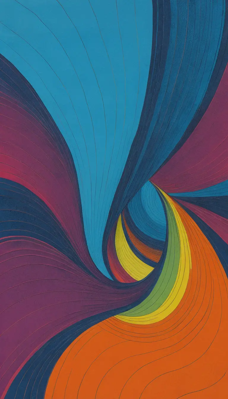 Colorful op art waves flow across a framed vertical poster