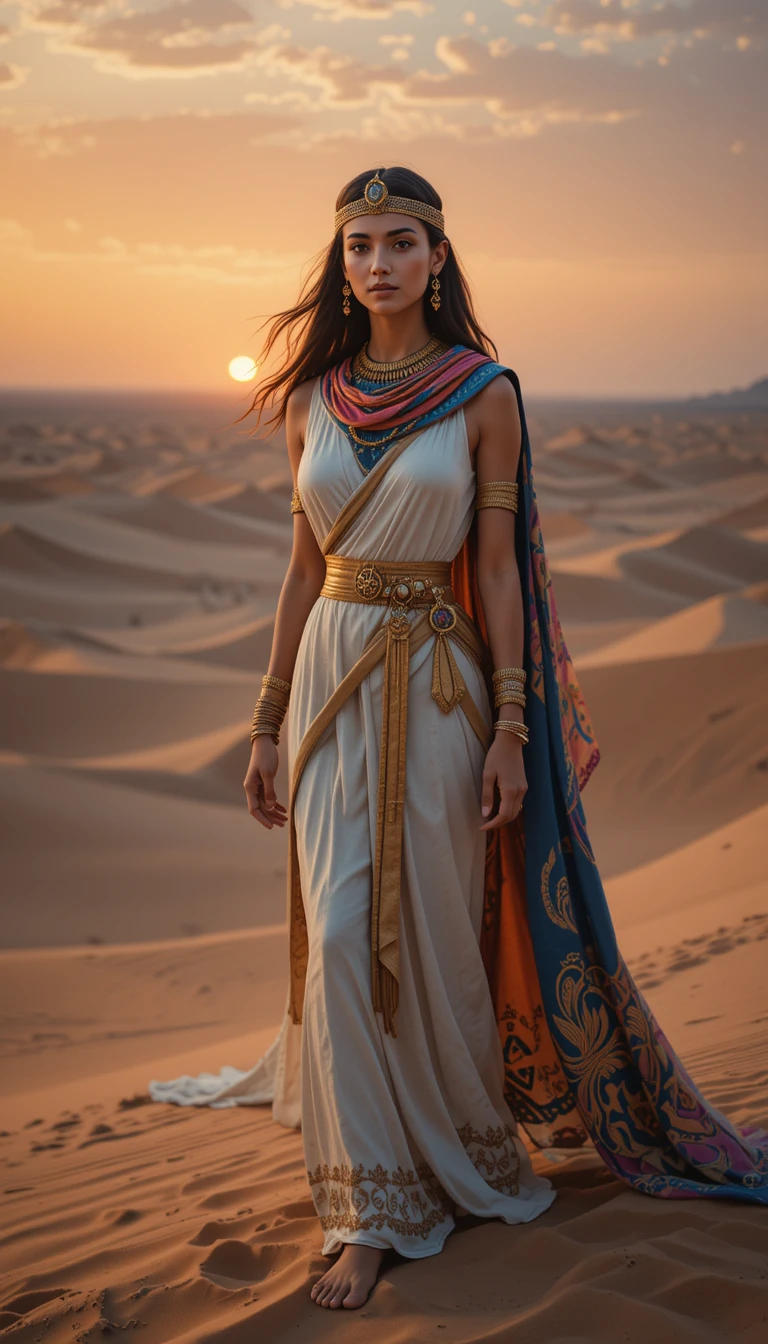 Uma mulher com vestes antigas esvoaçantes está entre dunas do deserto ao pôr do sol