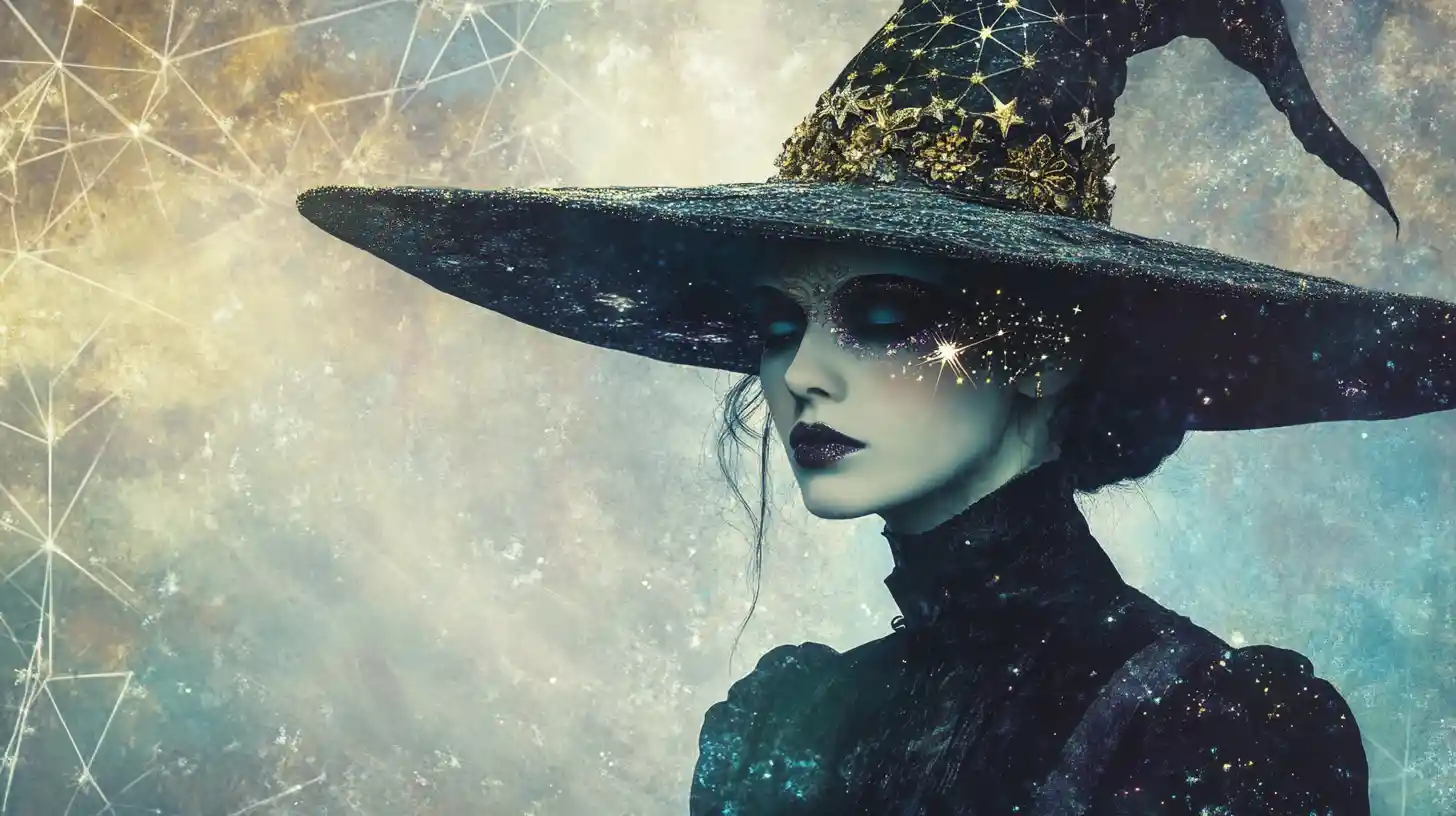 A witch in a celestial hat blends into a geometric background