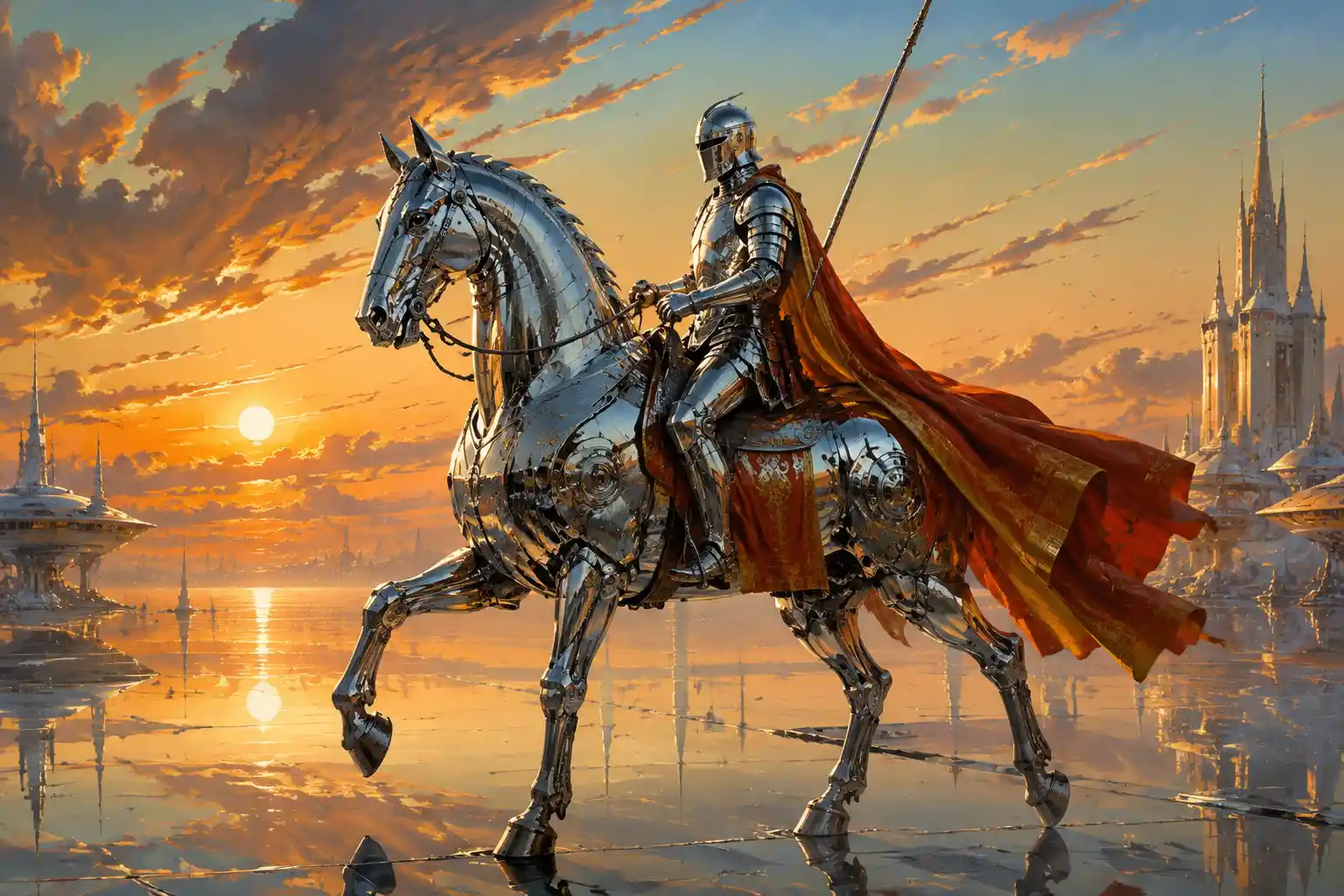 Ein Ritter aus Chrom reitet auf einem mechanischen Pferd durch eine Glaswüste