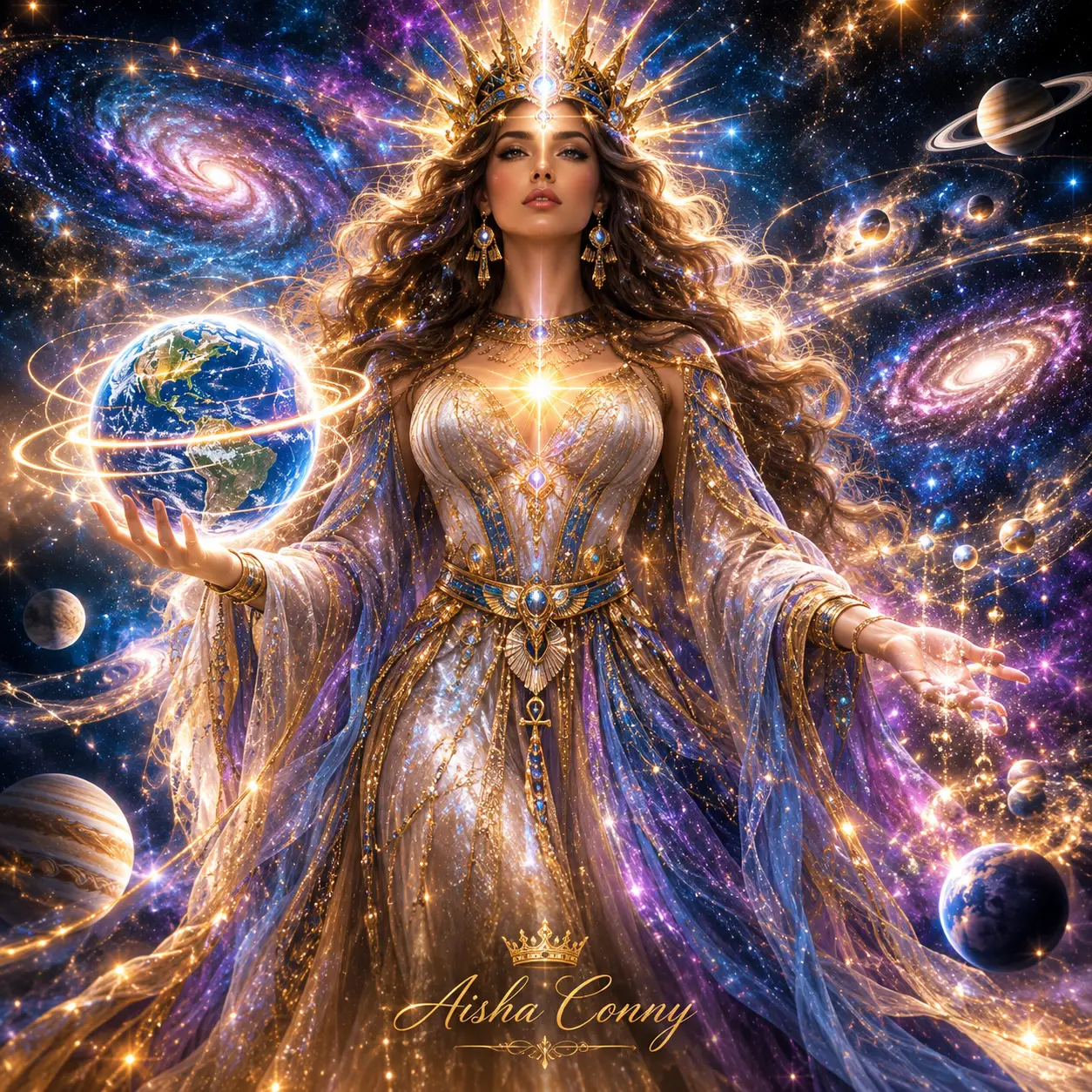 A cosmic goddess stands amid the vastness of the universe