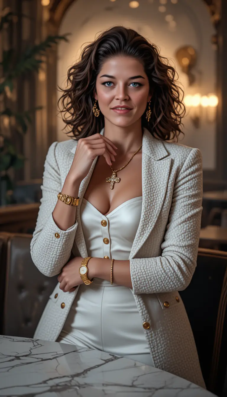 Young woman with pastel pink mullet hair poses in a white tweed jacket