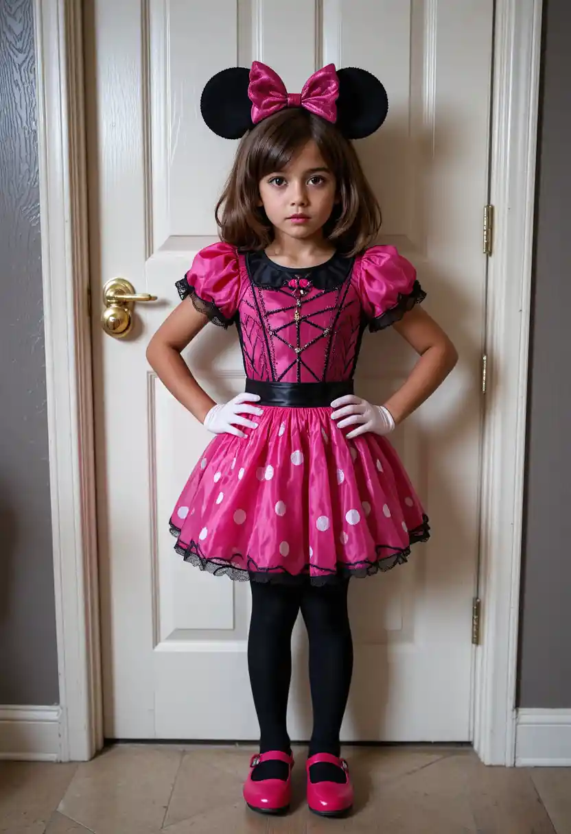 A Tween Boy Stands in a Minnie Mouse Costume at a Doorway