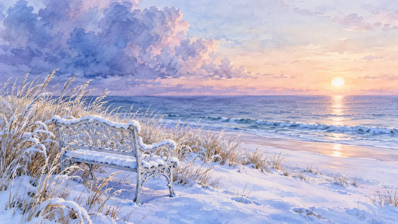 Watercolor snowy beach with an ornate bench and winter grasses