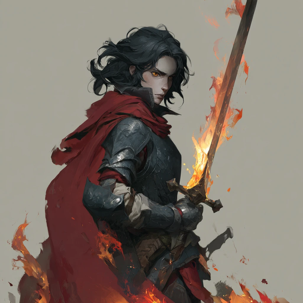 A dark armored knight with amber eyes carries a blazing sword