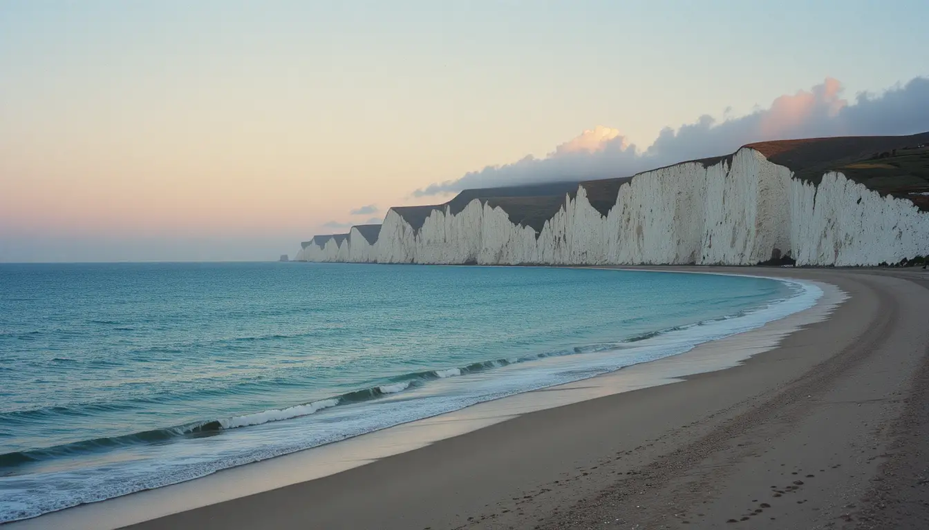 Turquoise waves meet pale sand beneath sunrise lit chalk cliffs