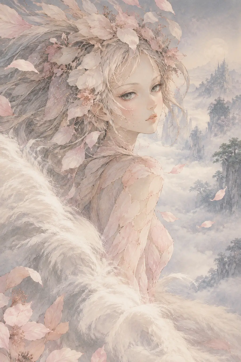 A Mystical Woman with Petal Skin and Flower Woven Hair