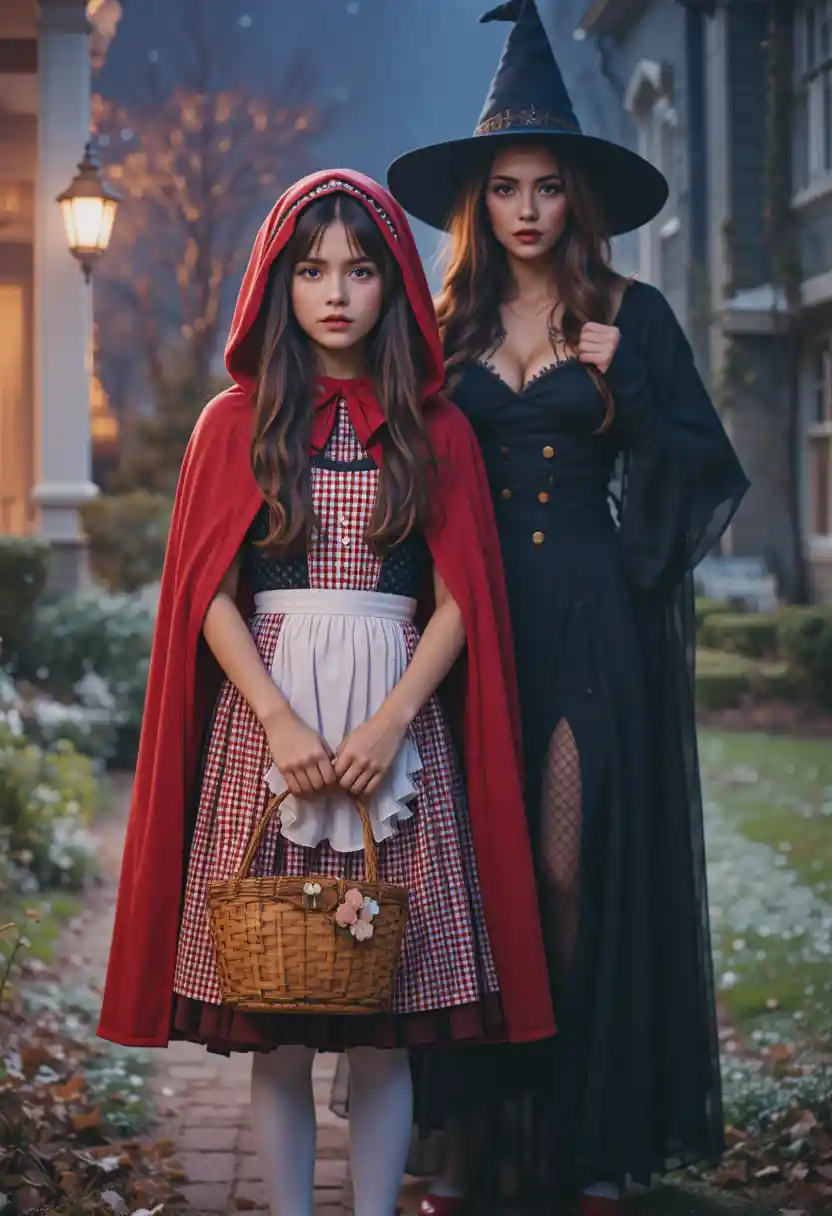 A nervous boy in a red riding hood costume trick or treating