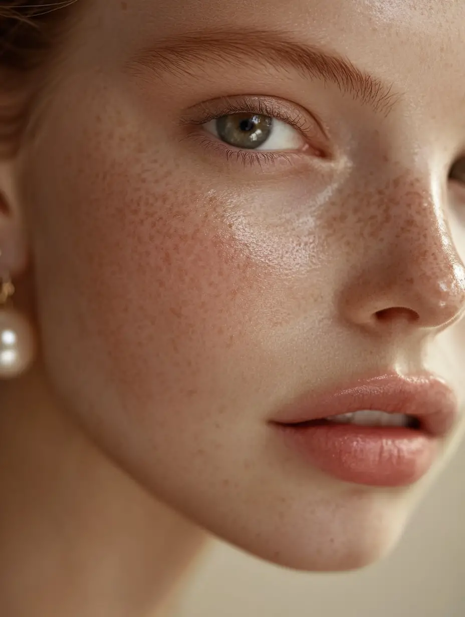 A close beauty portrait of a woman with pearl accents