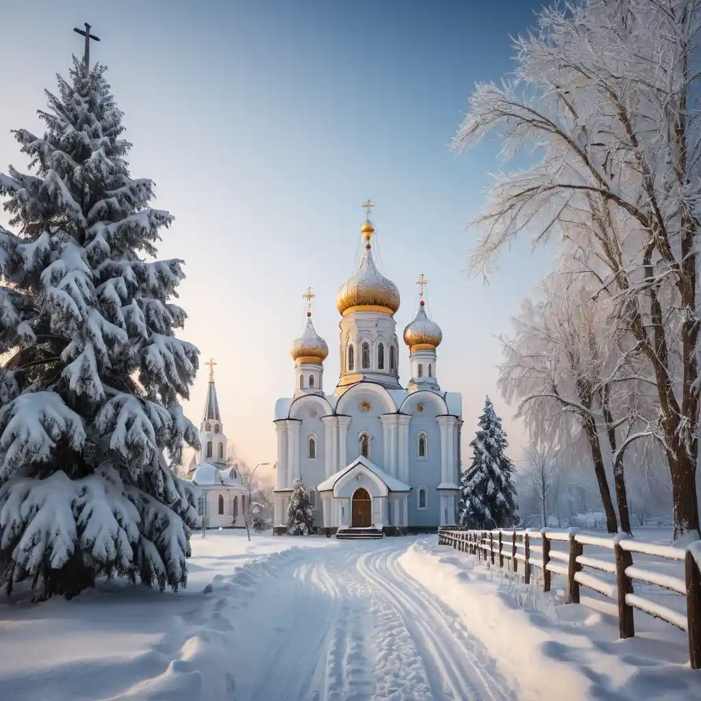 A snowy Russian village church glows beneath a pale winter sky
