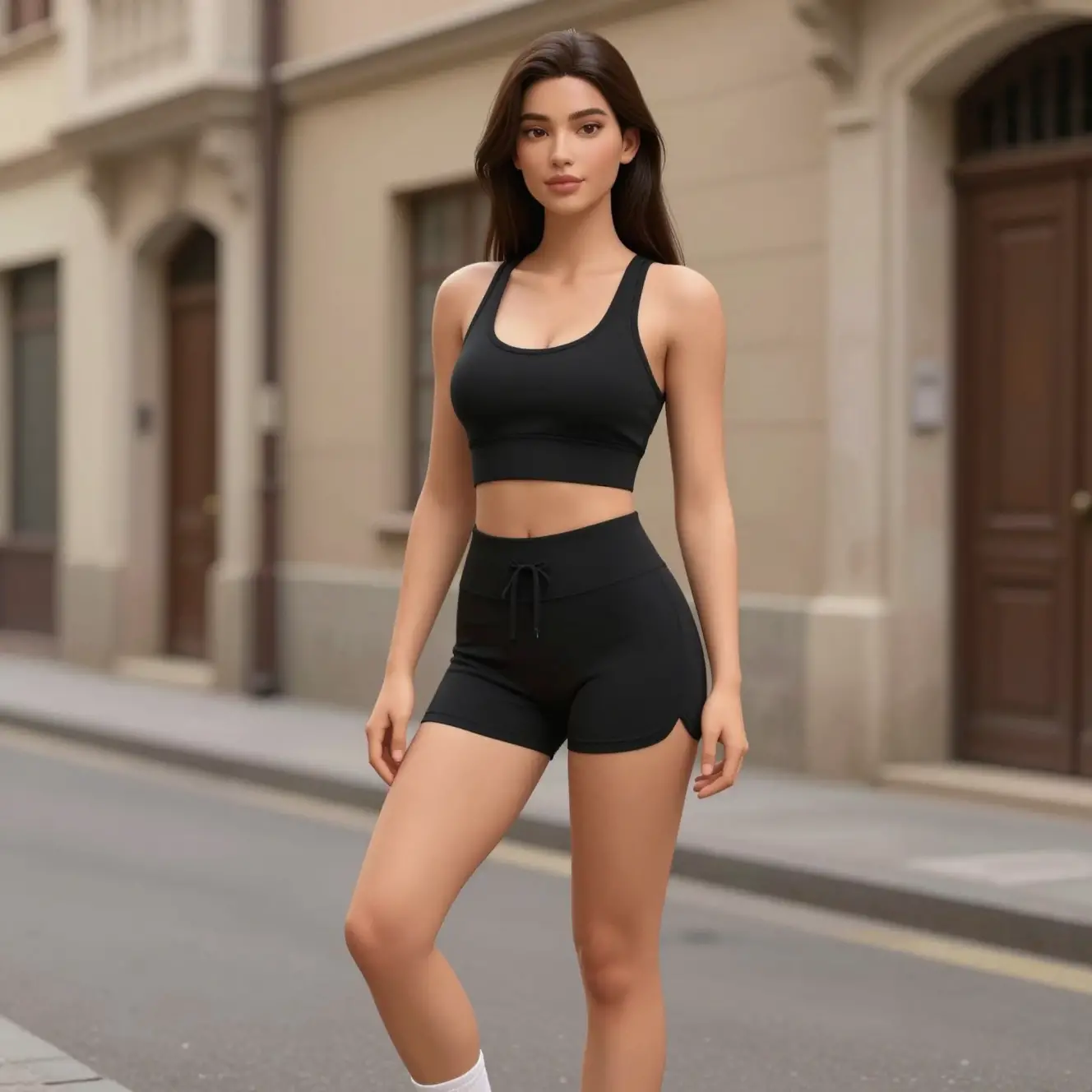 A Confident Woman in Black Sportswear on a European Old Town Street
