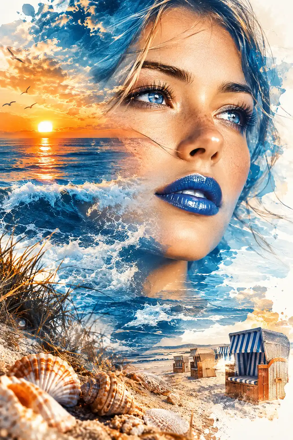 A double exposure portrait merges a woman's face with ocean waves
