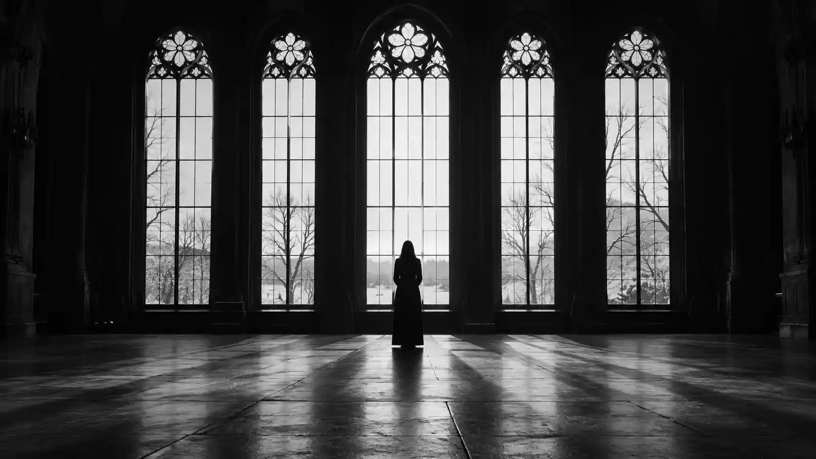 A lone silhouette stands before tall windows in a shadowed hall