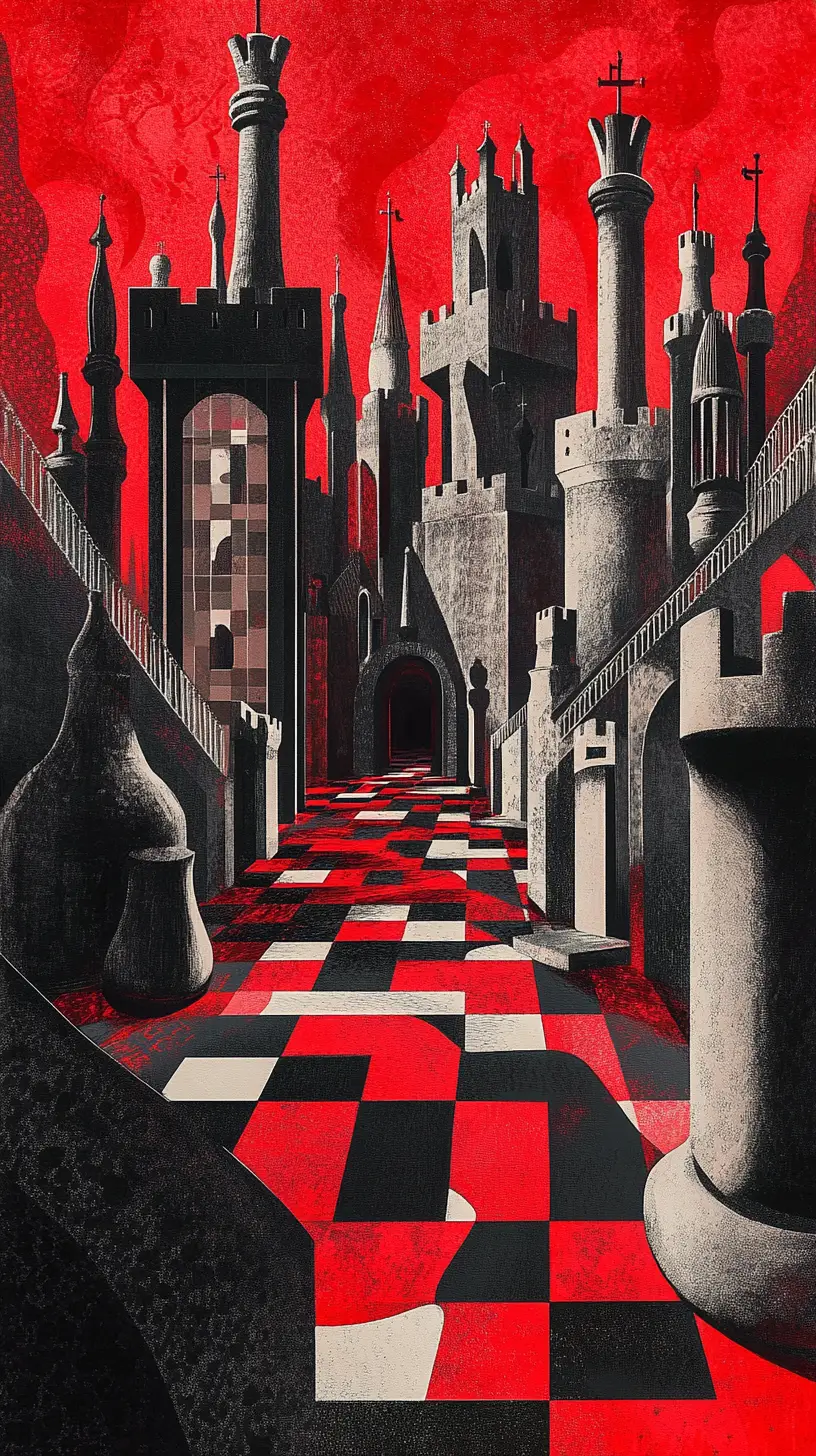An endless chess piece castle rises above folding checkerboard staircases
