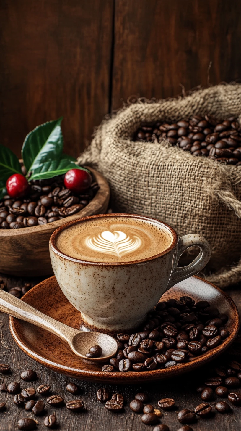 A Rustic Coffee Still Life With Latte Art and Scattered Beans
