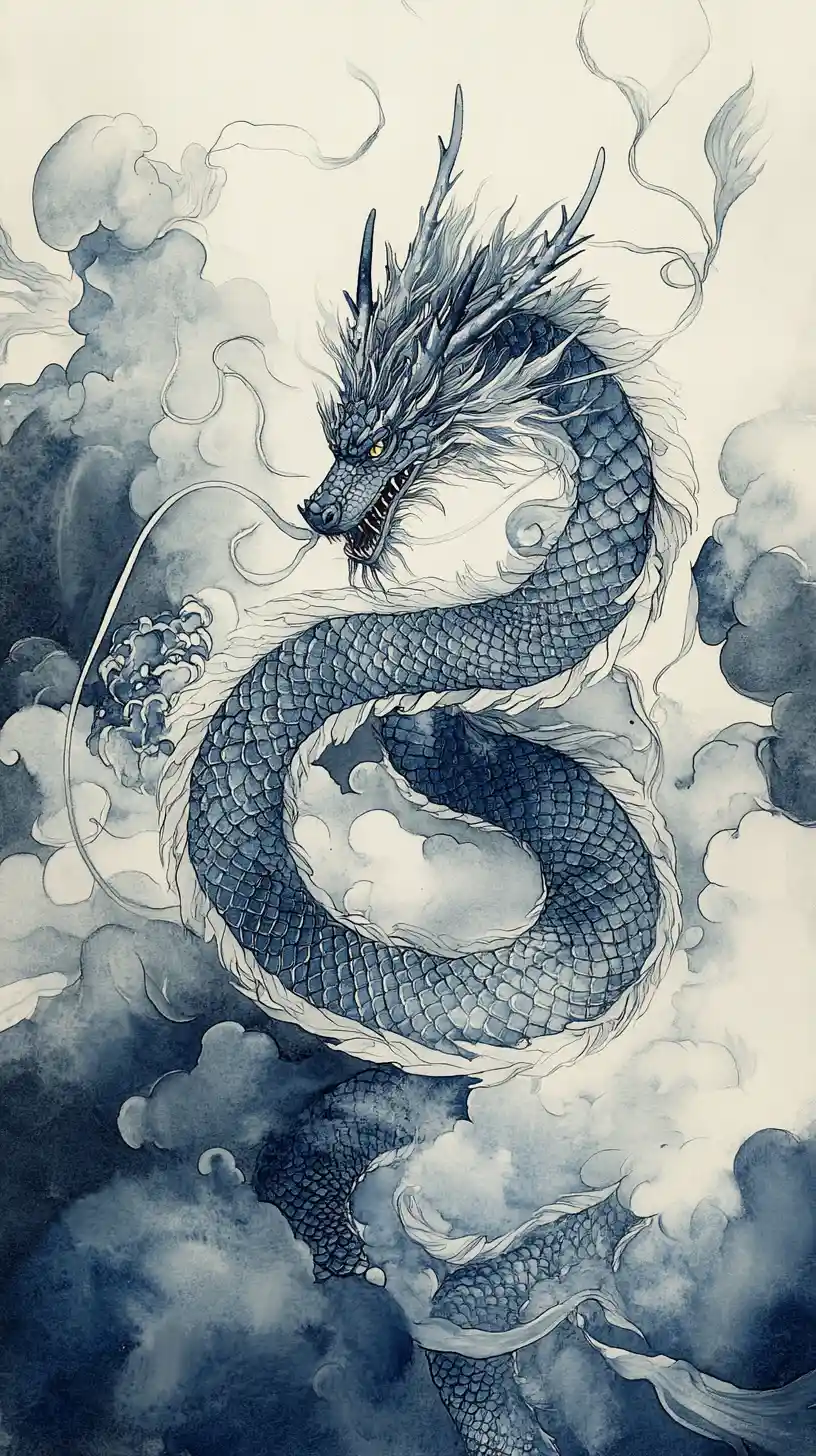An eastern dragon spirals through clouds with a hidden Möbius form