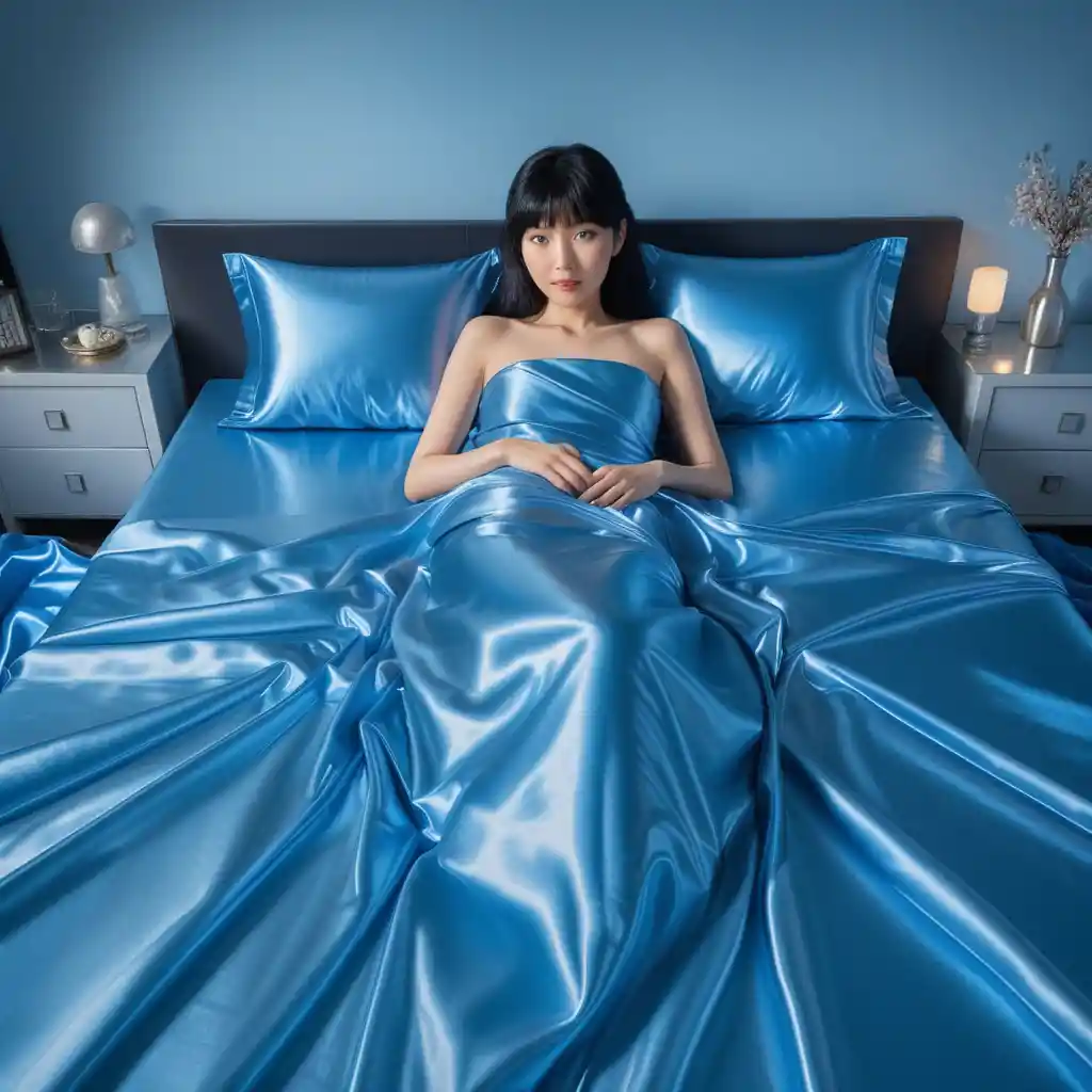 Eine Japanerin liegt auf glänzender blauer Satinbettwäsche