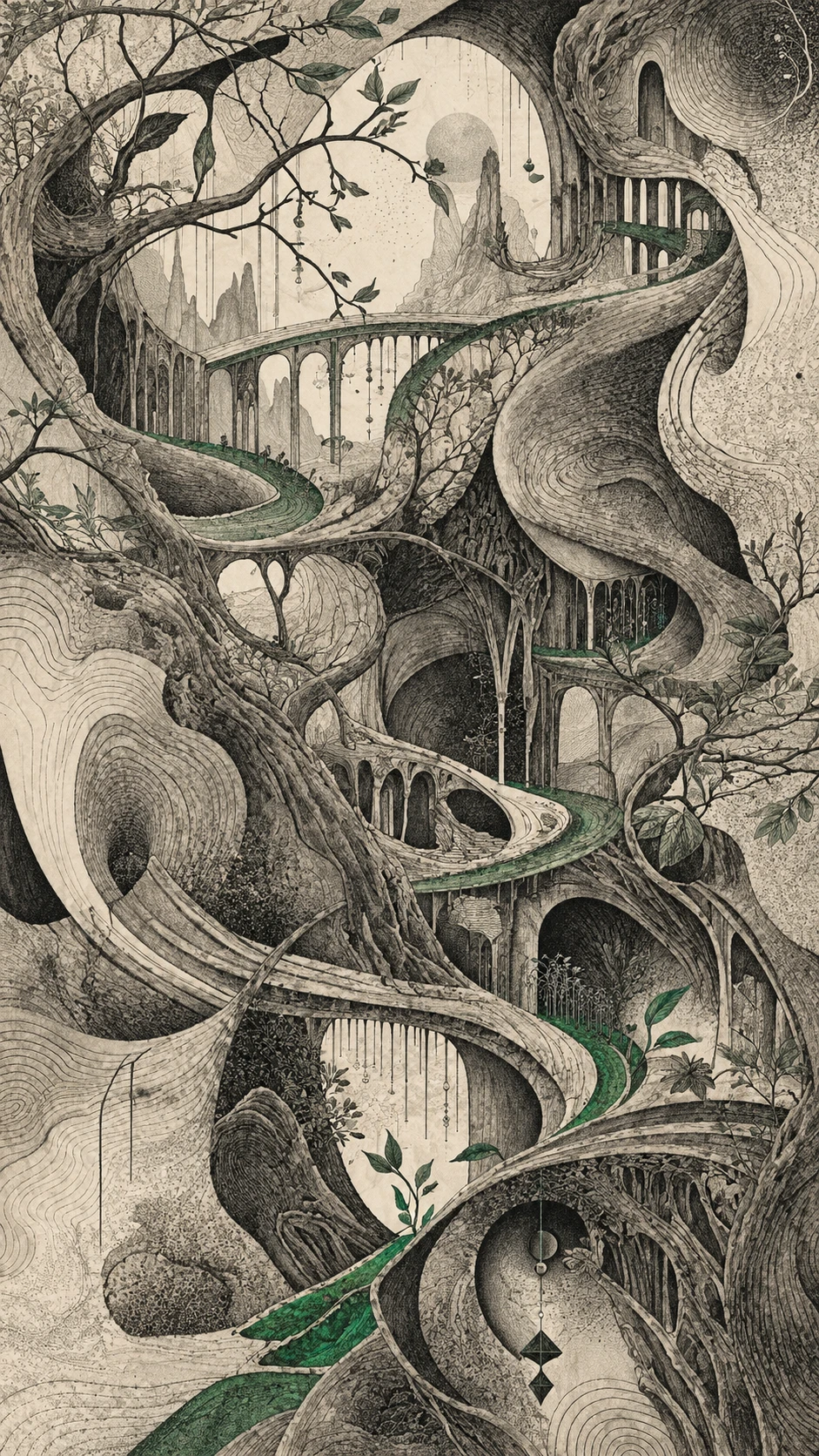 A Labyrinthine Structure of Curves, Branches, and Hidden Green Pathways