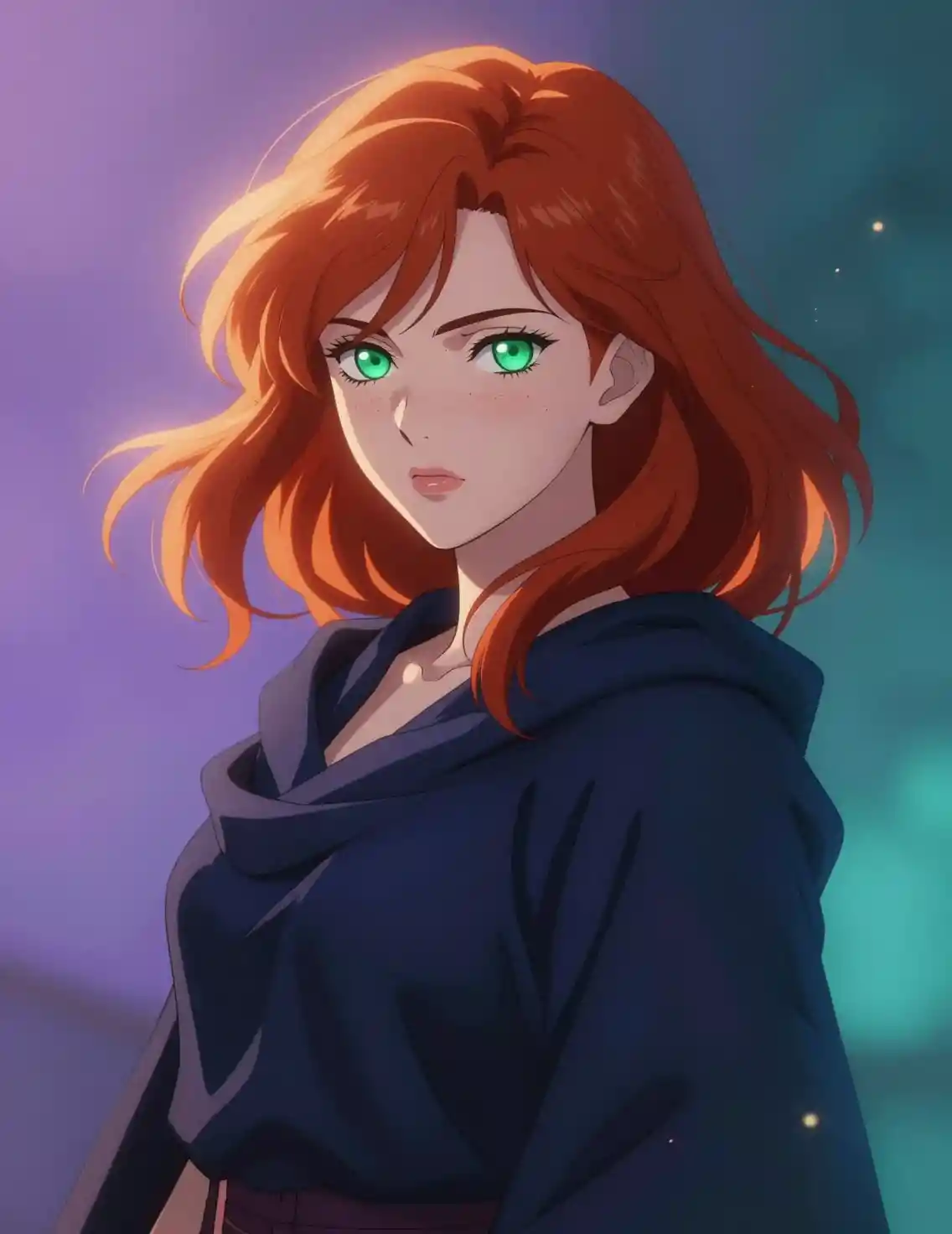 Ritratto da sogno di una donna anime con capelli cremisi e occhi verde smeraldo