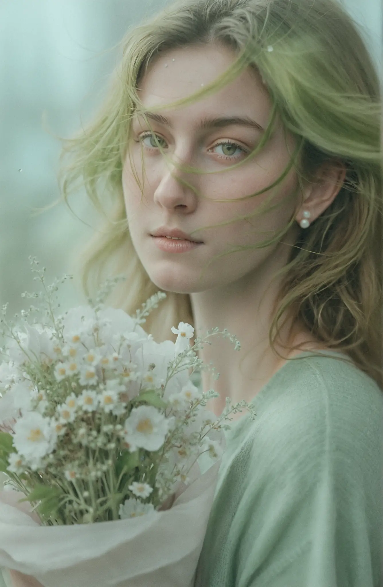 A young woman holds a bouquet as windblown hair crosses her face
