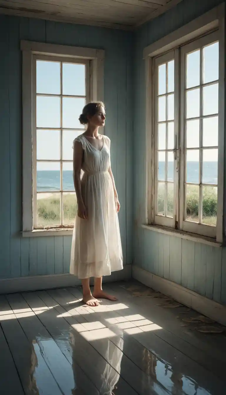 A Woman Stands In A Seaside Room Filled By The Surging Sea