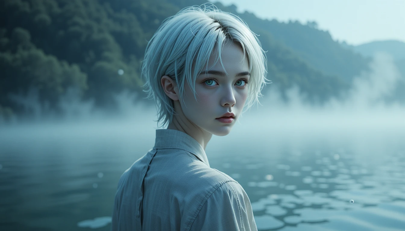 A white-haired anime man with bright blue eyes against a misty lake