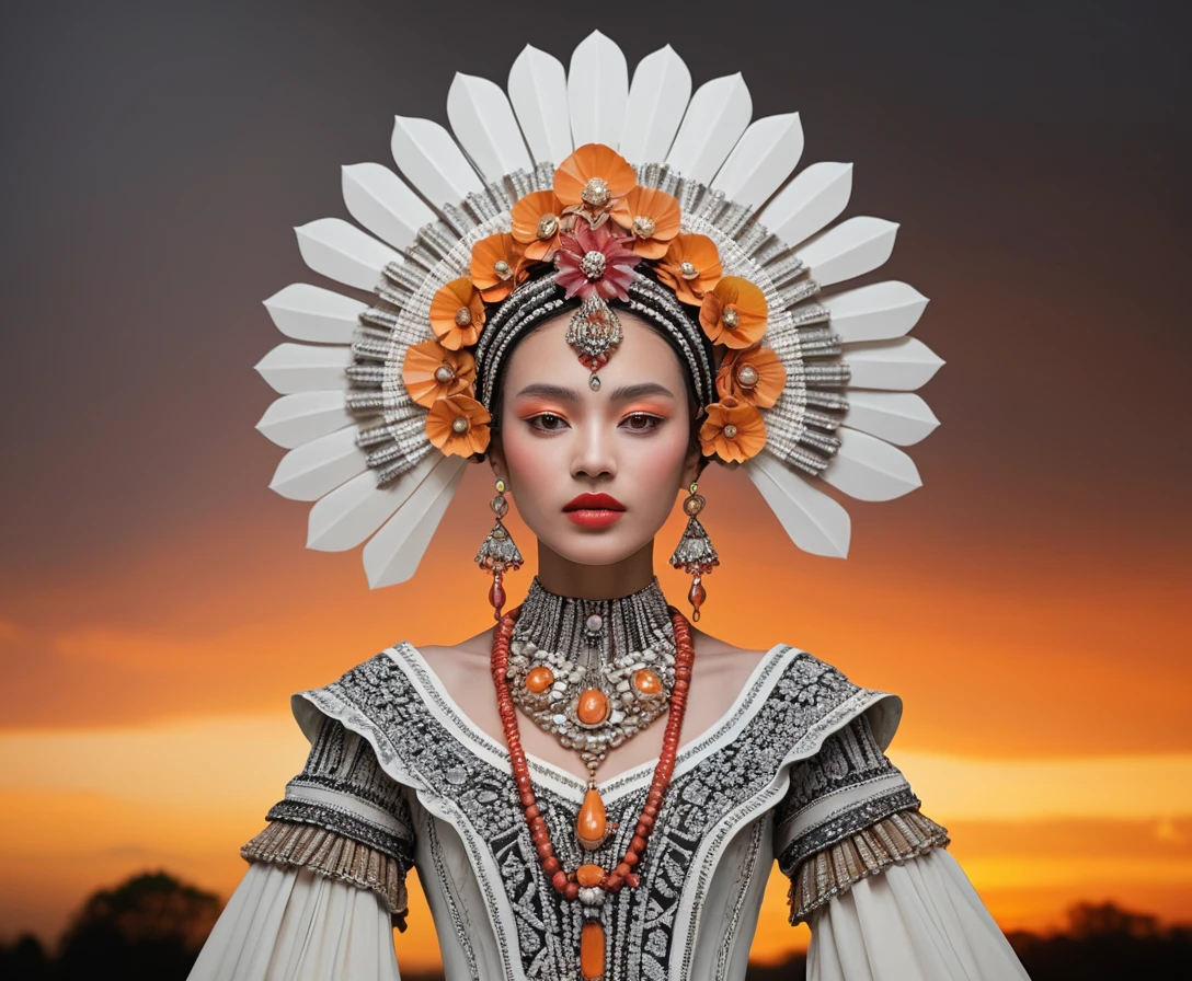 A seated fantasy woman wearing an elaborate petal headdress