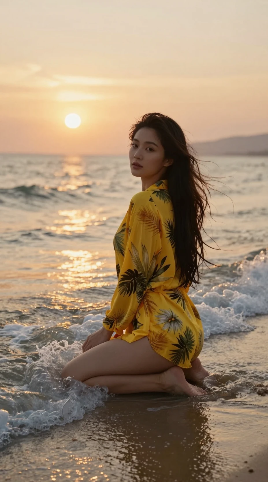 Mujer arrodillada en las aguas poco profundas de la playa al atardecer, con una camisa estampada de hojas