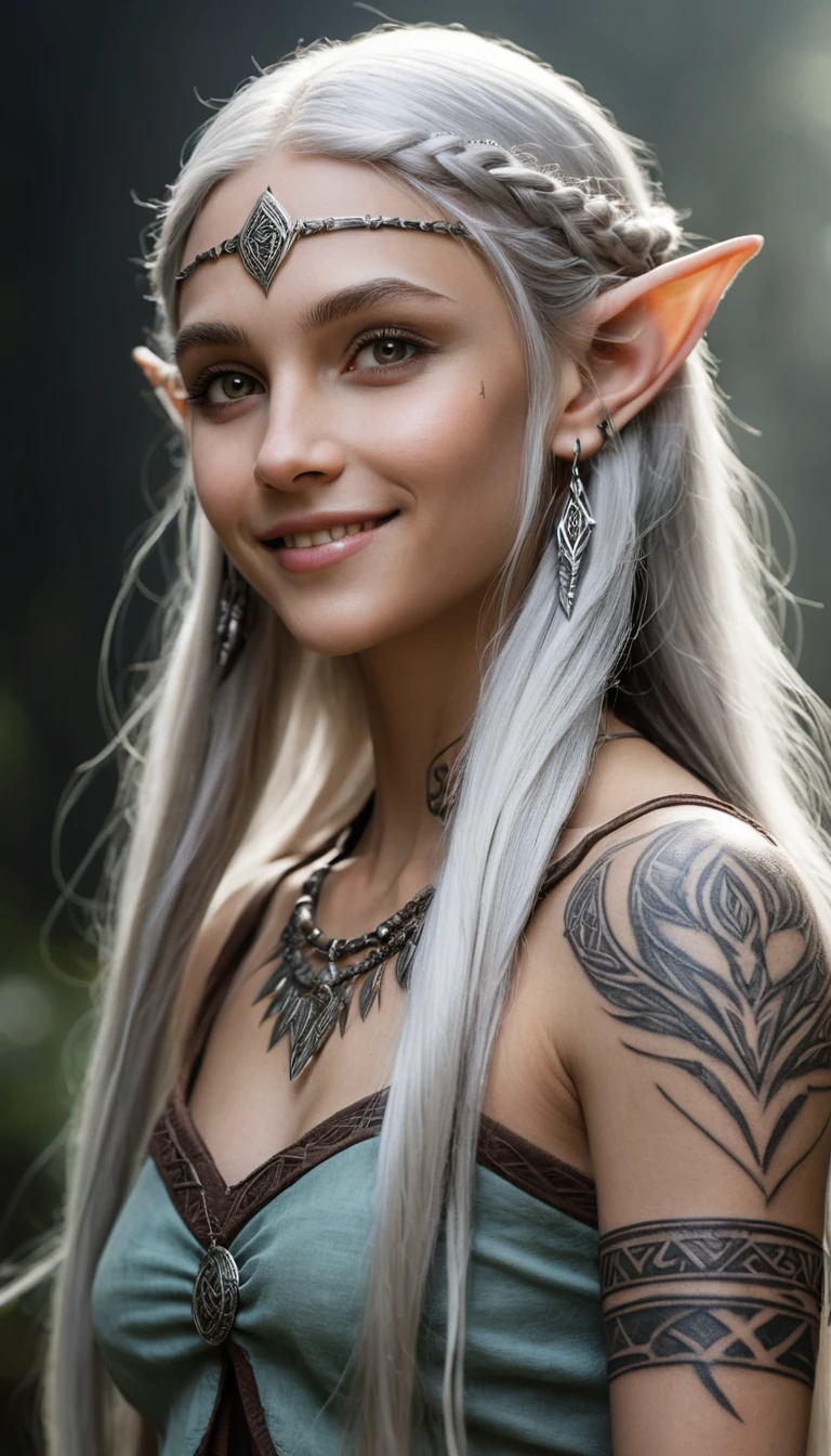 A young elf maiden with tribal tattoos, long silver hair, and a smile