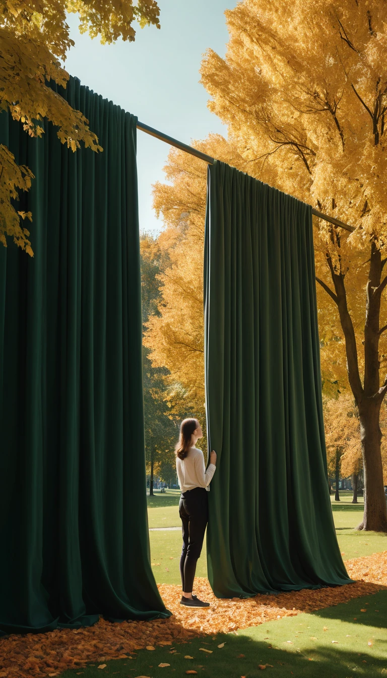 A Woman Closes Summer Behind a Curtain in a Seasonal Park