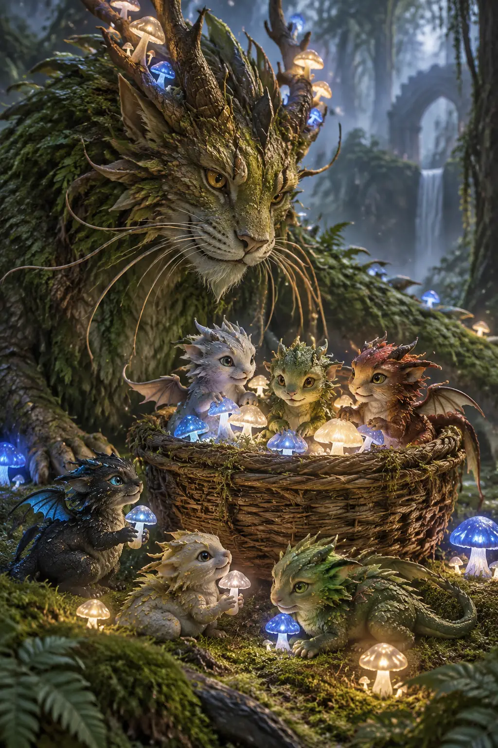 A moss-covered forest cat-dragon watches over tiny dragons