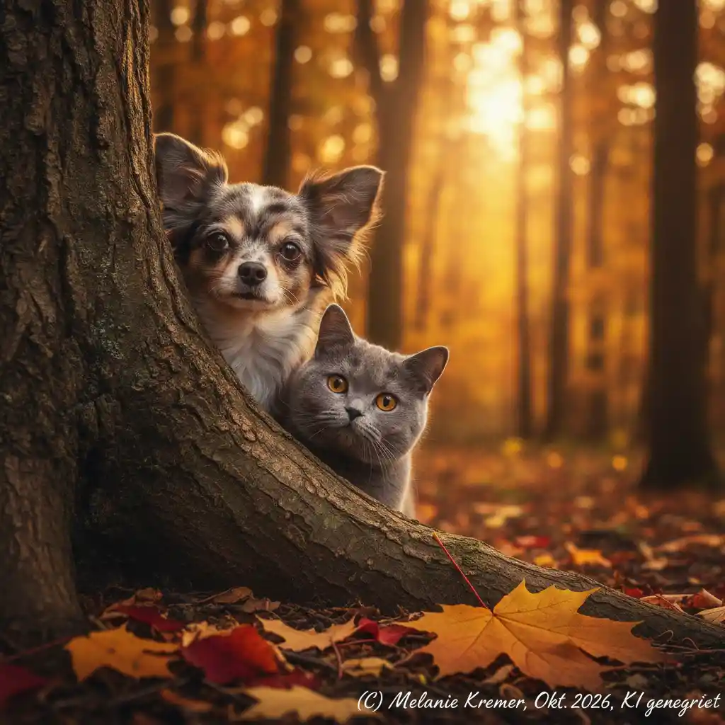 Um chihuahua e dois gatos British Shorthair espreitam por trás de uma árvore no outono