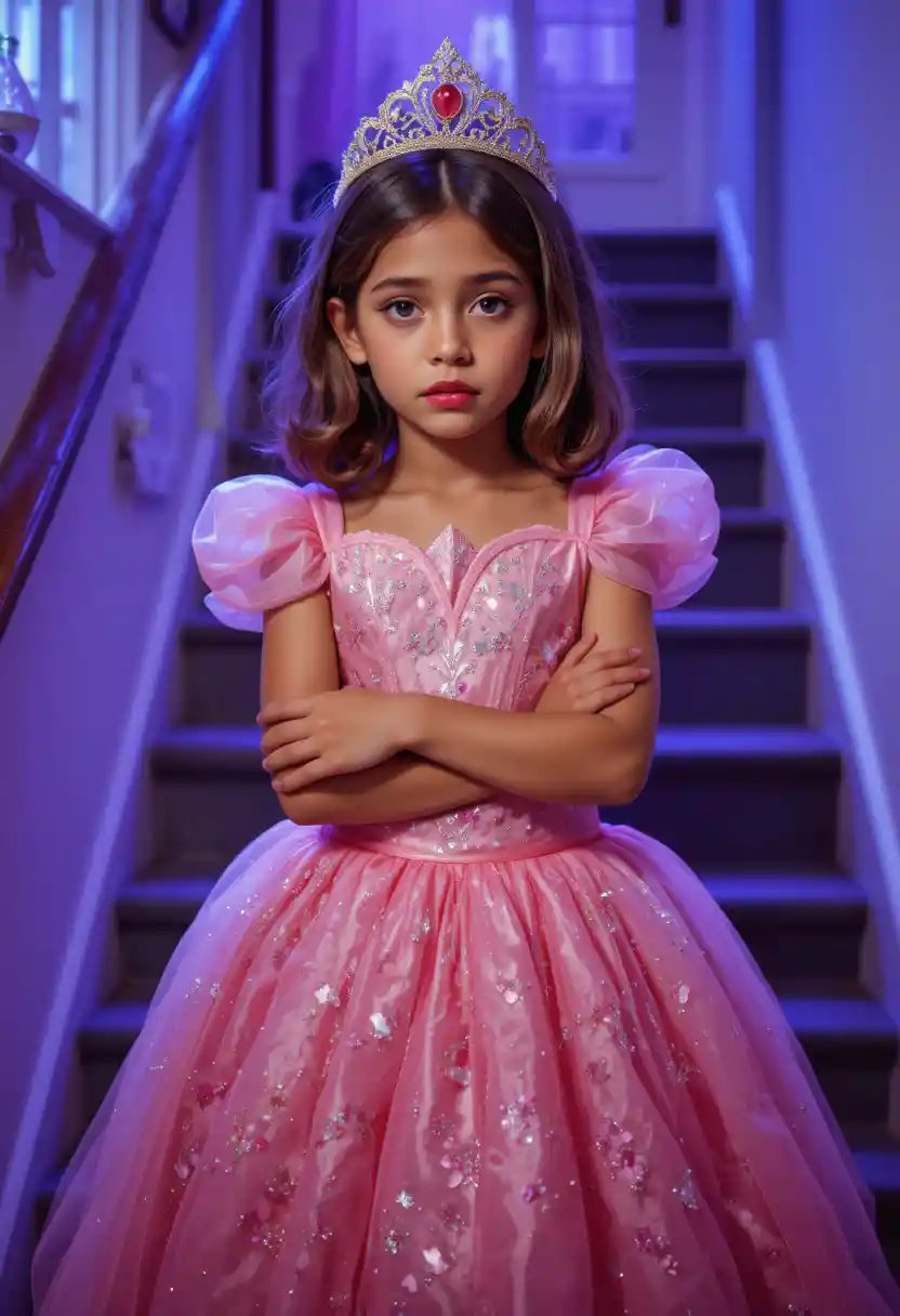 Un ragazzo nervoso sulle scale, con un abito rosa da principessa e una tiara