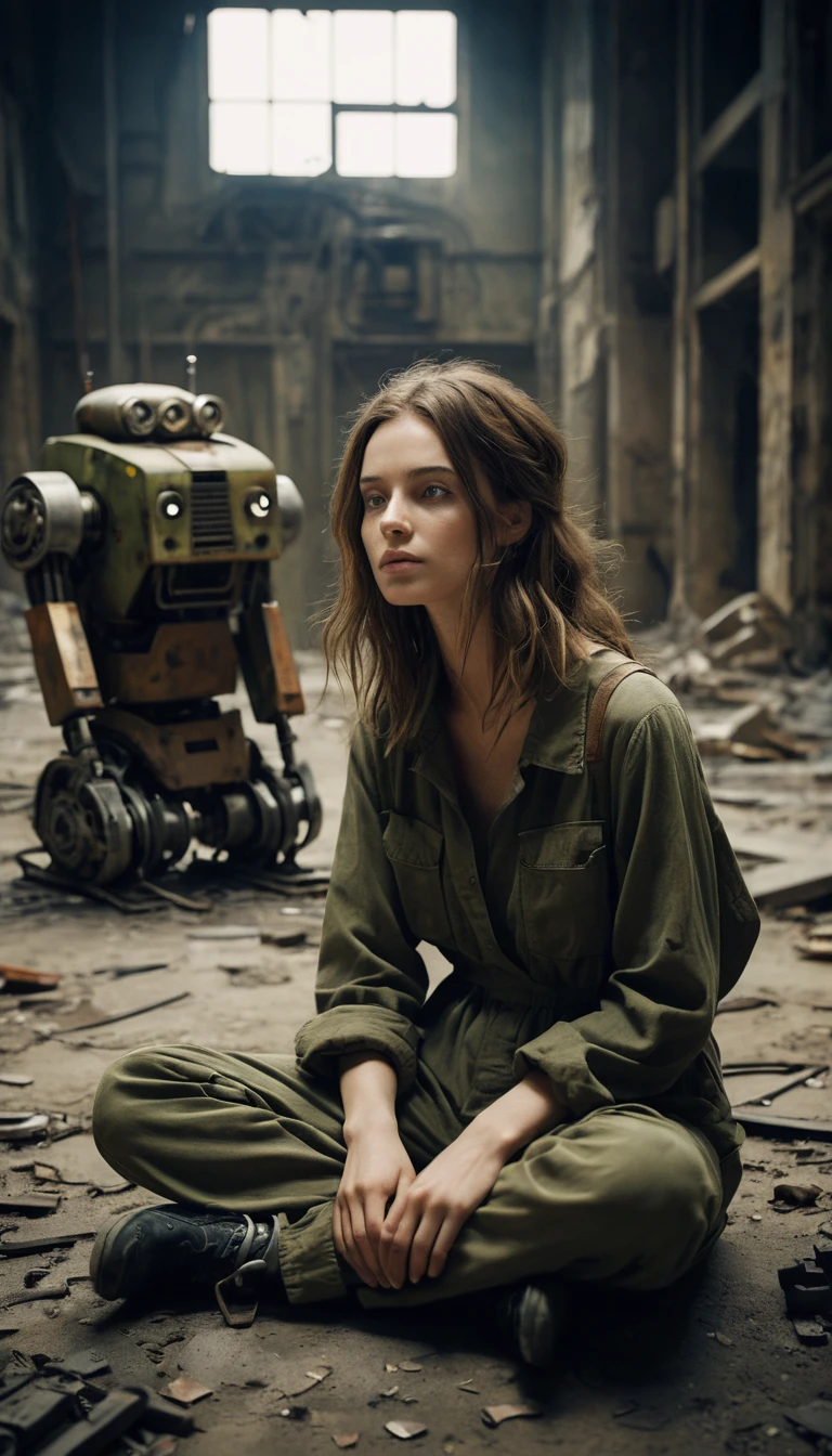 A Woman Sits Beside a Rusted Robot in an Abandoned Place