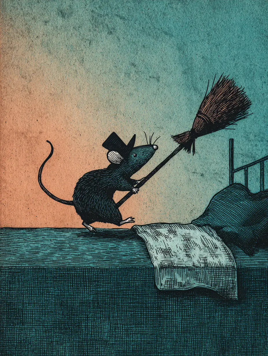 A pirate mouse chases dust bunnies with a tiny broom