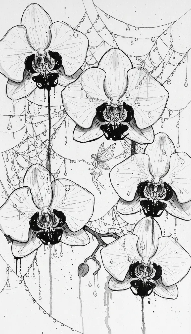 A fairy among giant orchids and light-reflecting spiderwebs