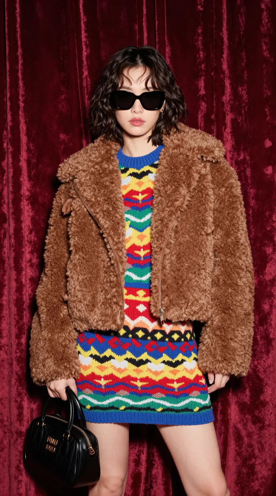 Japanese girl in a shearling jacket and patterned knit mini skirt