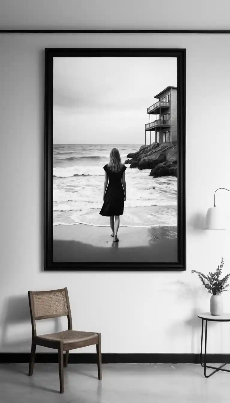 A woman steps from a framed beach photograph into an apartment