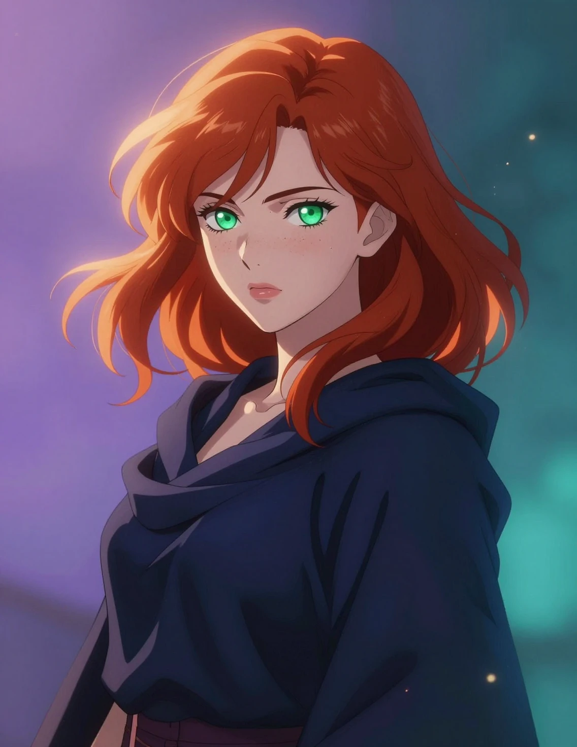 Ritratto da sogno di una donna anime con capelli cremisi e occhi verde smeraldo