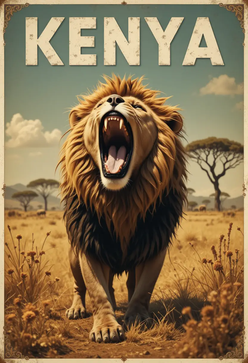 Vintage travel poster shows a roaring lion across the African savanna
