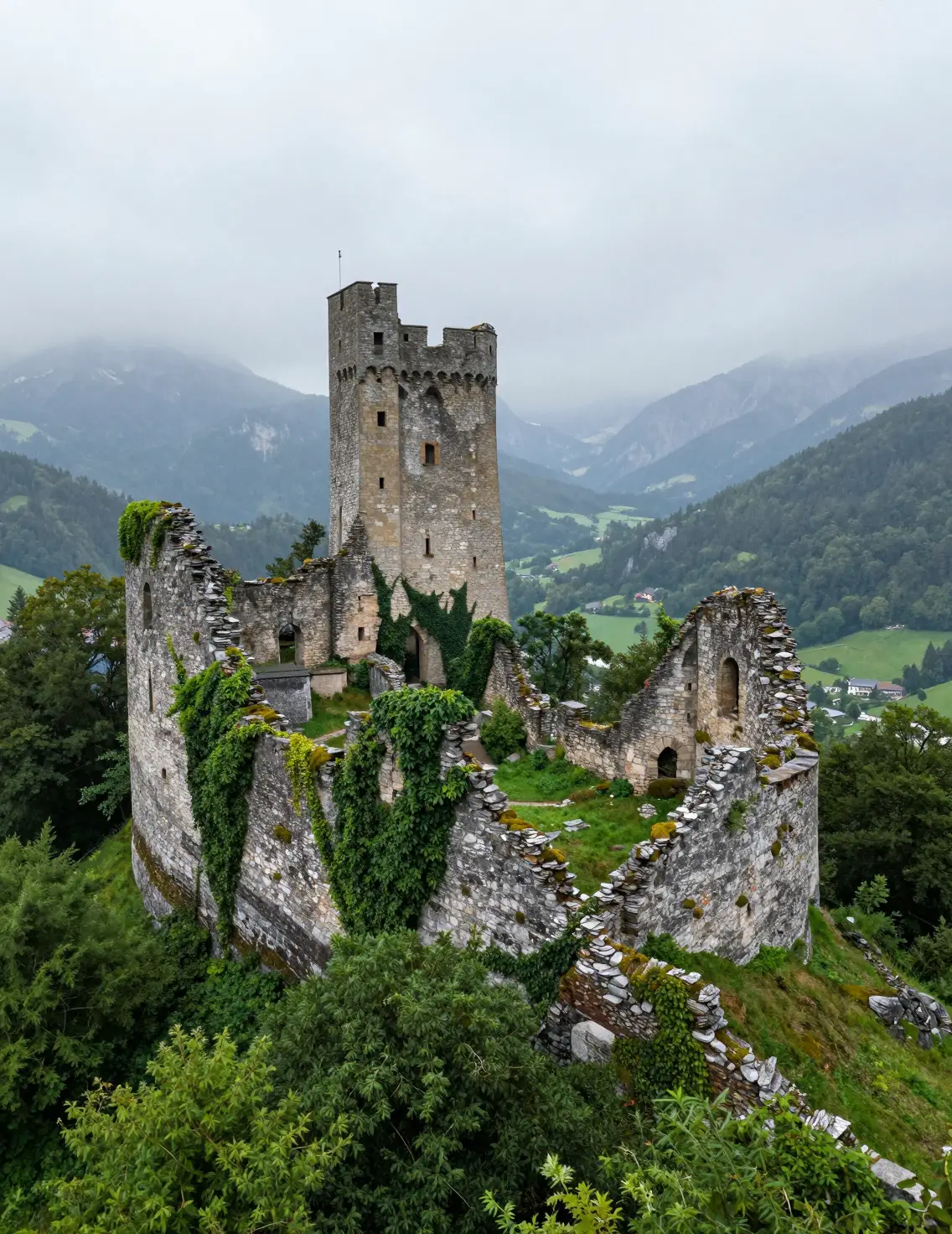 A medieval castle ruin rises above a misty forested hilltop
